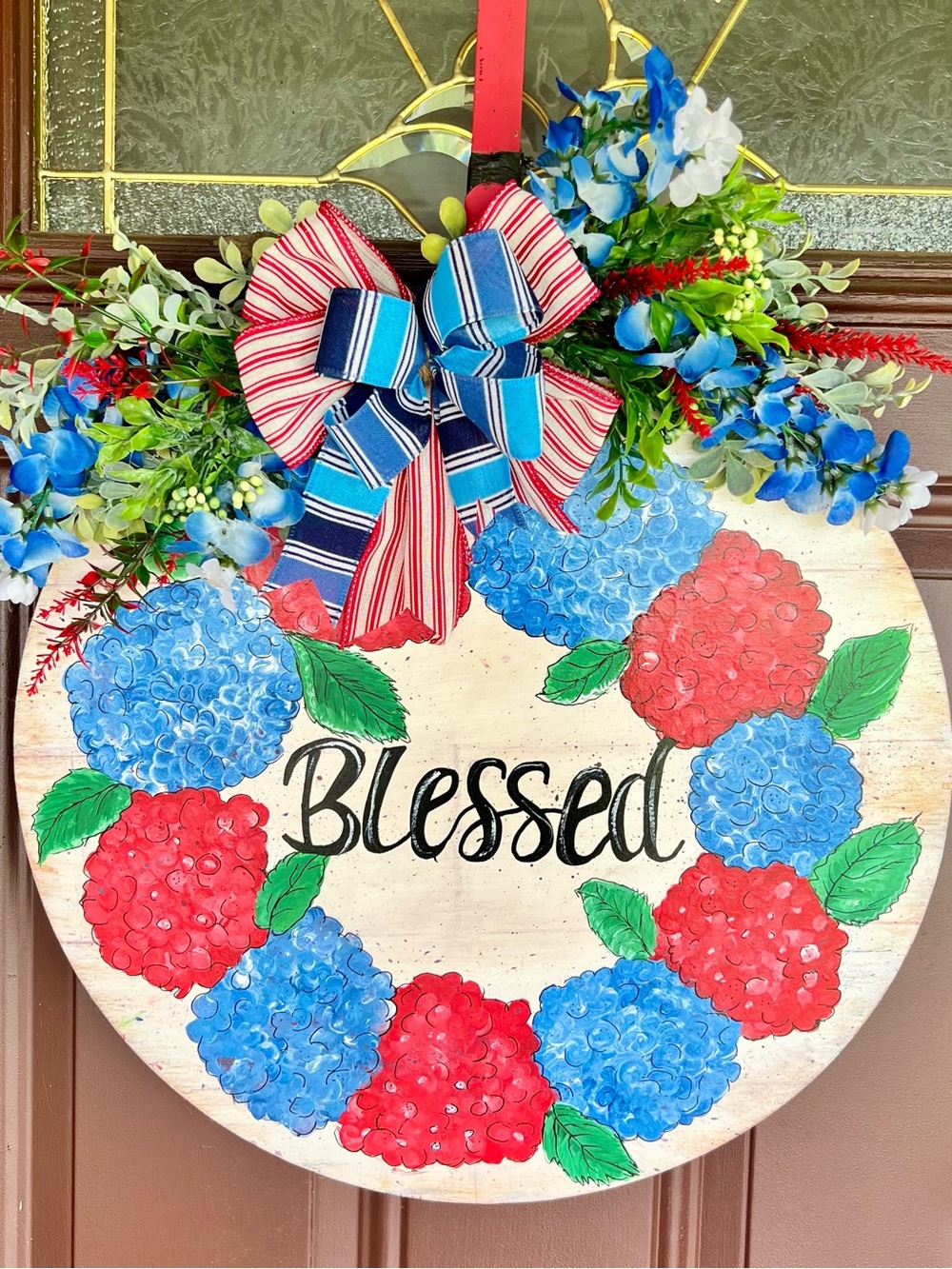 Blessed Floral Wreath Door Sign - Red & Blue